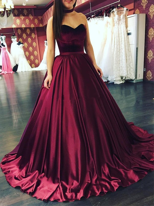 Wholesale Ball Gown Sweetheart Sleeveless Sweep/Brush Train Ruffles Elastic Woven Satin Dresses